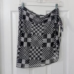 Sheer Mesh Sarong Wrap Scarf Black Gray Checkered Swim Cover-Up Beach Festival